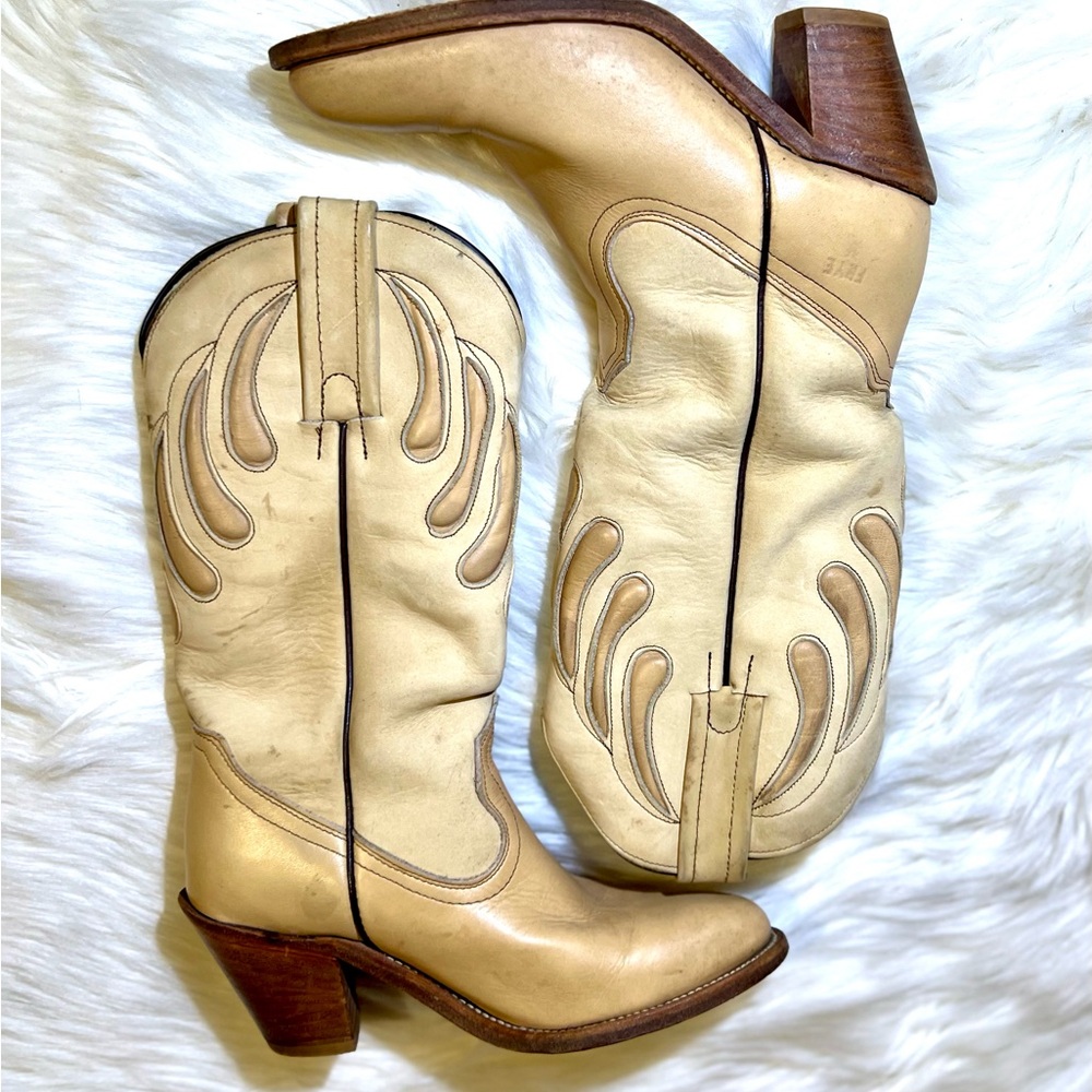 Frye Cream-Tan Leather Western Heeled Boots